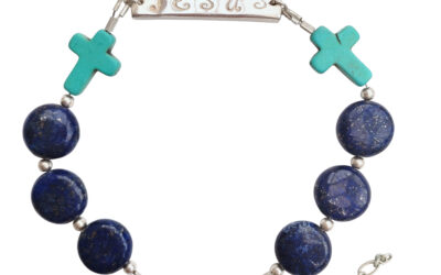 Handmade Bracelet with Lapis Lazulli and Turquise Cross Gemstones and Handstamped Jesus