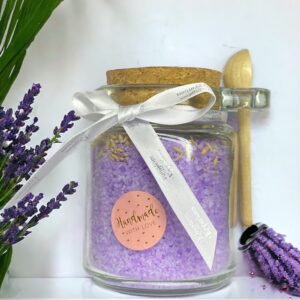 Lavender Fragrance Natural Bath Salts in a Glass Jar with scoop
