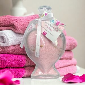 Valentines Tea Rose Bath Salts in a Heart Shaped Glass Jar